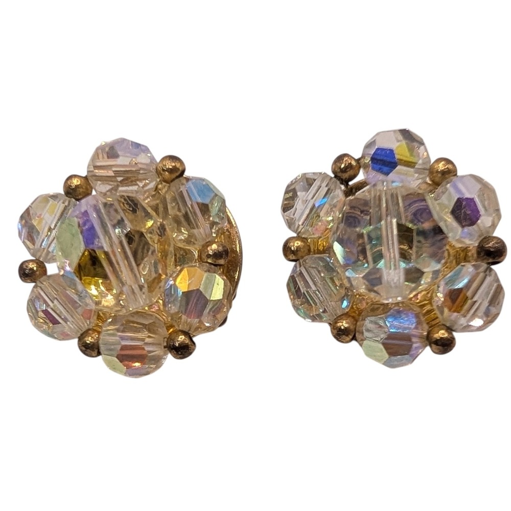 Vintage Lisner Earrings Aurora Borealis Cluster Clip On Crystal Signed Beaded